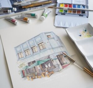 Progress of the watercolour painting of a Sydney local cafe